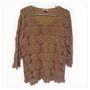 Tanjay Boho Crochet Overlay Top Brown Shimmer 1X Quarter Sleeve